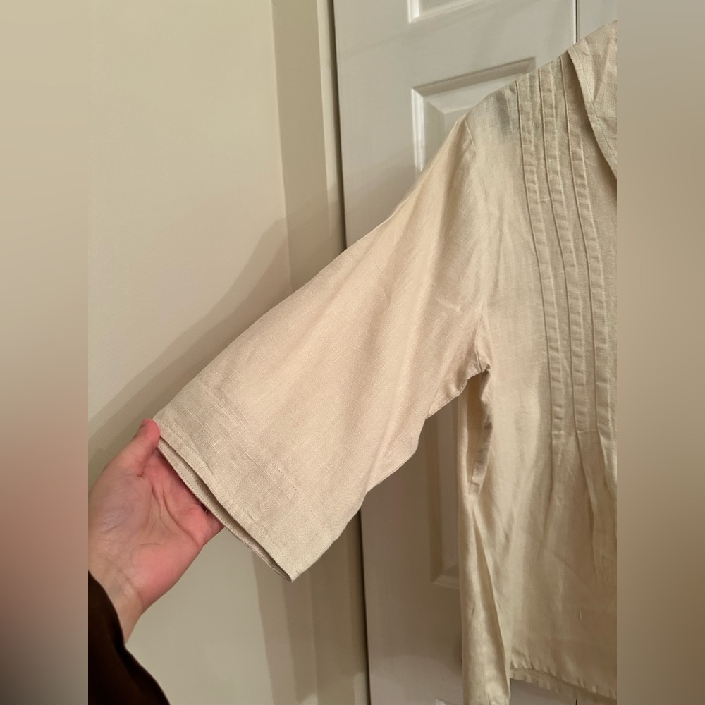 FLAX 100% Linen Pleated Blouse Medium Neutral Coastal French Girl Boho Cream - Picture 4 of 7